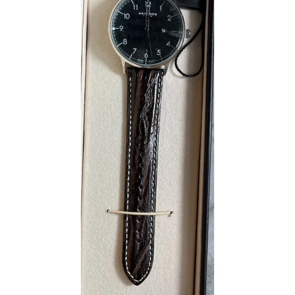 Akribos XXIV Men’s Retro Black Dial Watch w/ Date Window Leather Strap AK715SSB